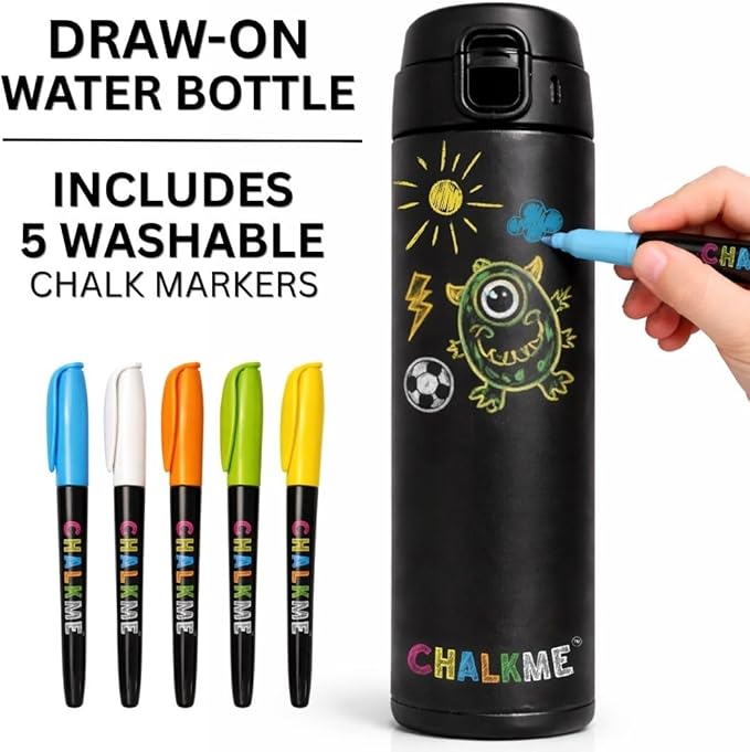 Kids Water Bottle 12oz Stainless Steel Vacuum Insulated with Washable Markers Included, Decorate Your Own Water Bottle, Dishwasher Safe, Easter Basket Stuffers for Boys & Girls