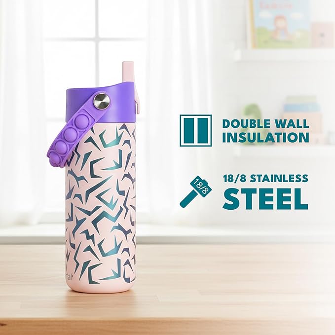 Elemental Insulated Kids Water Bottle, Stainless Steel Water Bottle with Straw Lid & Pop-It Handle, Leak-Proof Water Bottles for School, Boys or Girls, Travelling and Sports, 18oz - Light Patterns