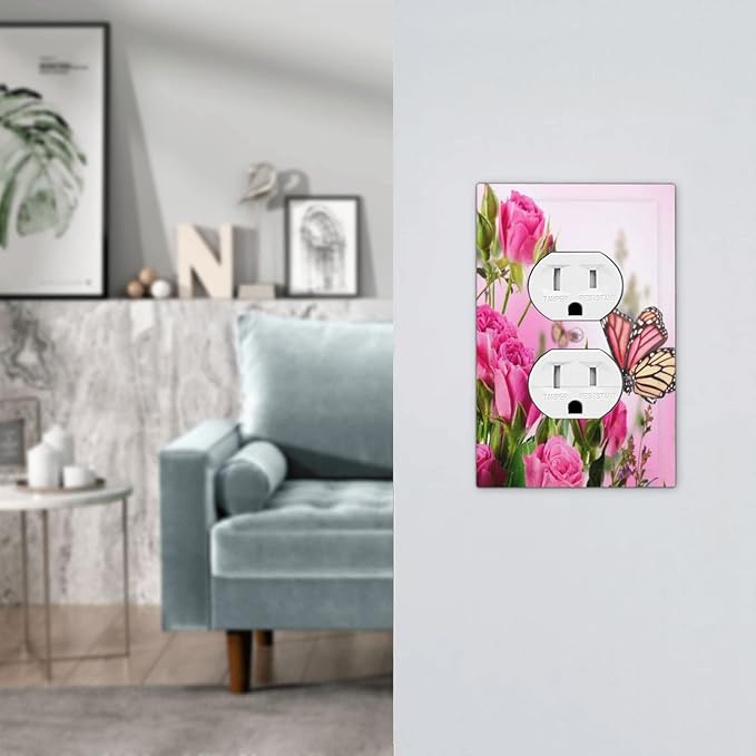 Pink Rose Romance Flowers Green Leaves Spring Scenic 1 Gang Outlet Covers Duplex Receptacle Wall Plate Decorate Electrical Faceplate Switchplates Flower Butterfly Ladies Valentine's Day Bathroom Decor