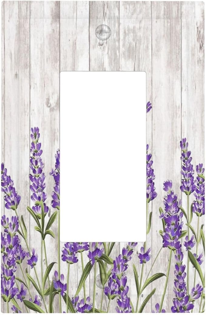 Purple Lavender Rustic Wooden Flowers Floral Plant Decorative Outlet Covers 1 Gang Single Rocker Light Switch Cover Plate Wall Plates GFCI Faceplate for Farmhouse Living Room Decor
