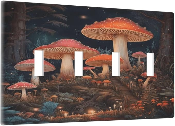 Decorative Art Light Switch Covers Enchanted Mushroom Forest Quad Toggle 4 Gang Wall Plate Switch plate Electrical Faceplate for Home Decor