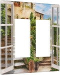 Mediterranean Greece Scene Flowers 2 Gang Double Rocker/Decora Light Switch Cover Decorative Wallplate Italian Town from Another Window Gfci Electrical Faceplate Home Bedroom Art Decor