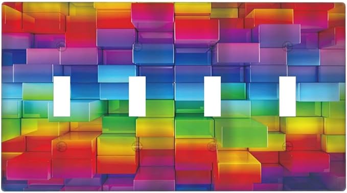 3D Colorful Rainbow Wall Abstract Squre Shaped Quad Toggle Light Switch Covers Decorative Unique 4 Gang Wall Plate Electrical Faceplate Switchplate for Kitchen Bedroom Bathroom Decor