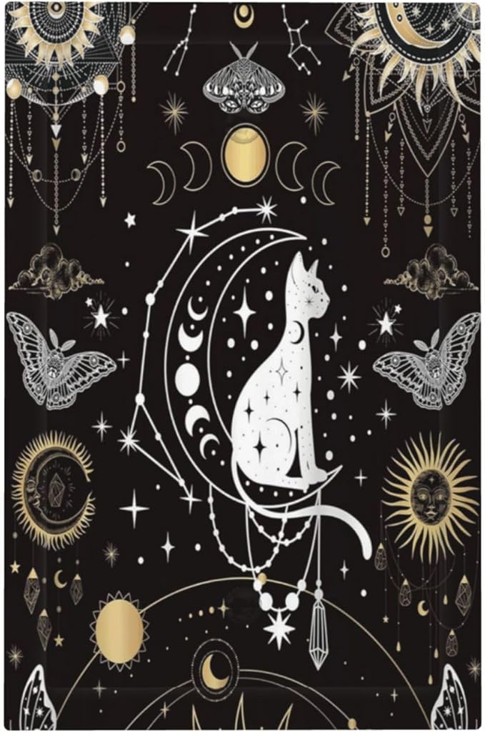 White Cat Tarot Moon Phases Moth Celestial Gothic Light Switch Cover Plate 1 Gang No Device Blank Electrical Wall Plates Faceplate Decorative Switch Plate Covers for Kids Room Bedroom Decor