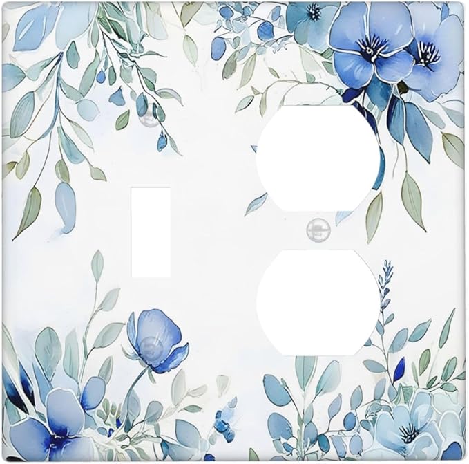 Watercolor Blue Flower Plant Floral Green Leaves Wallplates 1 Toggle 1 Duplex Switch Plate Electrical GFCI Faceplate Decorative Light Switch Covers for Bedroom Living Room Decor