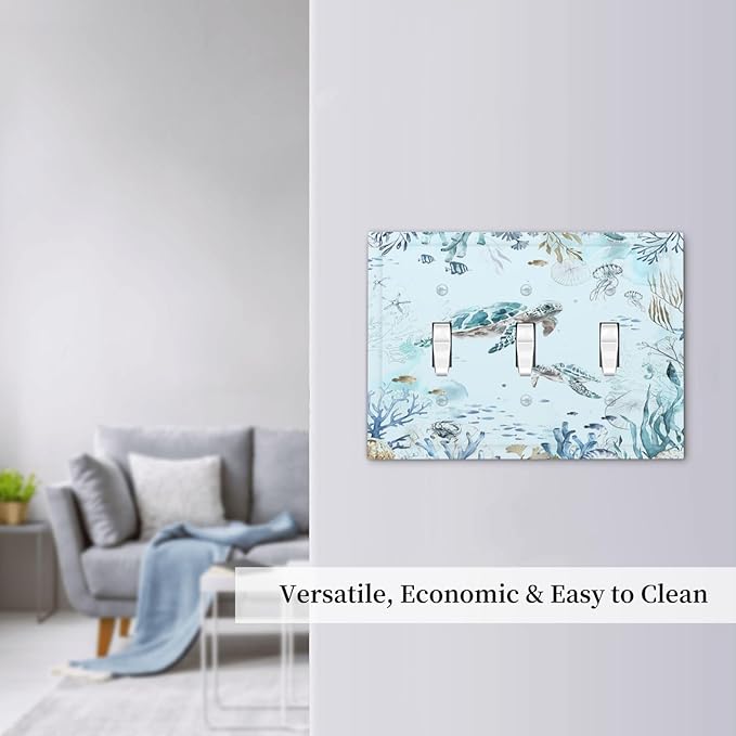 Decorative Switch Plates Teal Blue Ocean Sea Turtle Seabed Plants 3 Gang Wall Plate Faceplate Triple Toggle Light Switch Cover Electrical Wall Panels for Bathroom Kids room Decor