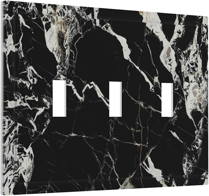 Black Marble Patterns Low Key Luxurious Decorative Switch Plates 3 Gang Wall Plate Triple Toggle Light Switch Cover Faceplate Electrical Wall Panels for Bathroom Kitchen Decor