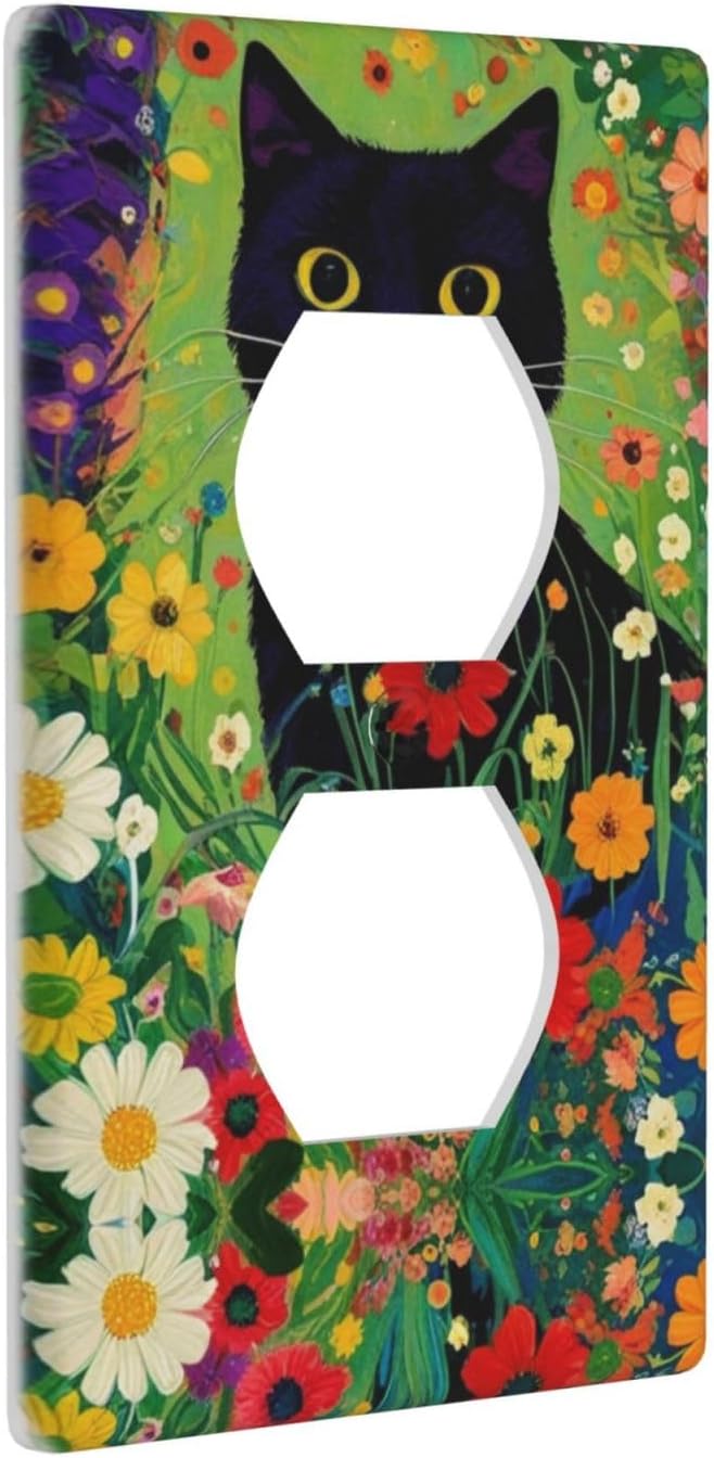Decorative Art Light Switch Covers Cute Cat & Floral 1 Gang Single Duplex Outlet Wall Plate Switchplate Electrical Faceplate for Home Decor