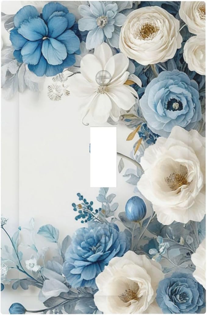 Decorative Light Switch Cover Blue Rose White Flowers Rustic Floral 1 Gang Wall Plate Oversized Single Toggle Wall Cover Jumbo Electrical Switchplate Face