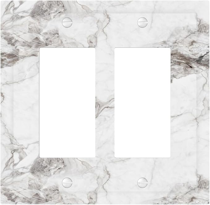 White And Gray Marble Patterns Texture Abstract Print Decorative Outlet Covers 2 Gang Double GFCI Rocker Electrical Wall Panels Light Switch Cover Plate for Bathroom Kitchen Decor