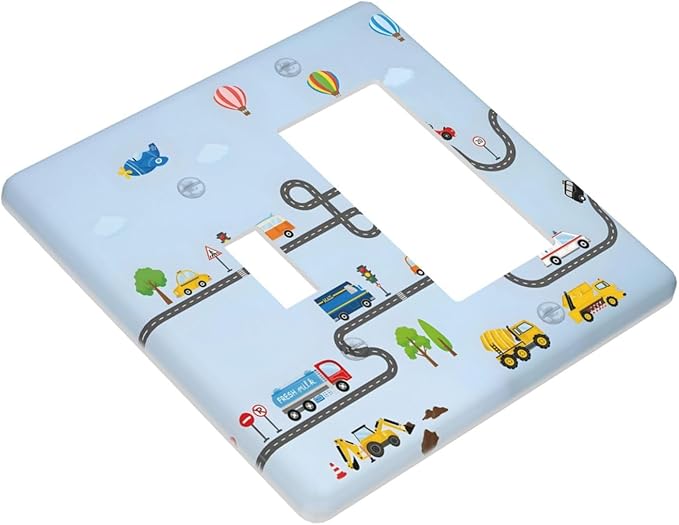 Road Construction Car Truck Hot Air Balloon Outlet Covers 1 Toggle 1 Rocker Combination Decorative Wall Plate Electrical Switch Plates Light Switch Cover Plate for Nursery Kids Room Decor