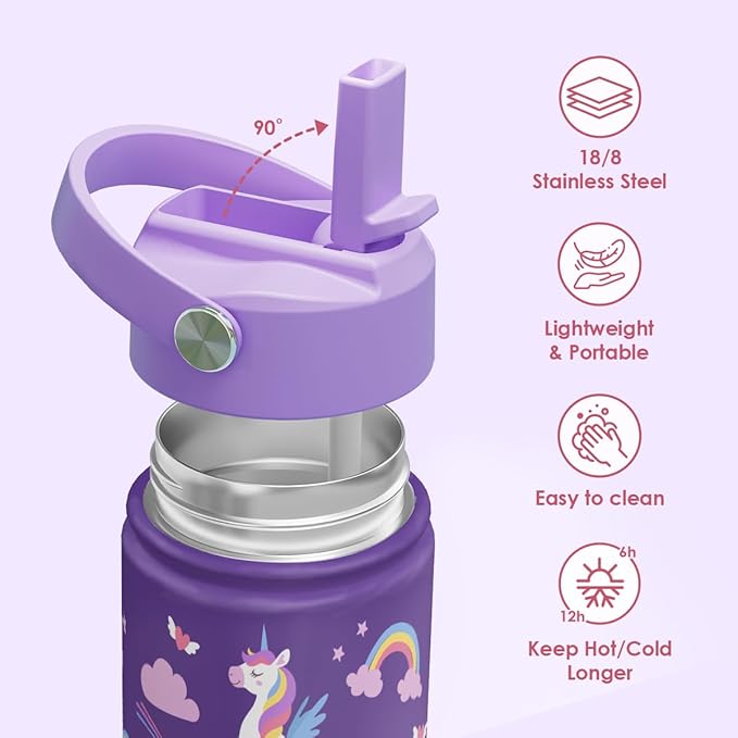 Kids Water Bottle with Straw Lid, Pack of 2 Insulated 12 Oz Stainless Steel Water Bottles for Girls, Travel Cup for School Sports, Unicorn - Rainbow