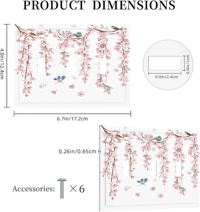 Pink Cherry Blossom Flower Vine Floral Tree Branch Birds Decorative Switch Plates 3 Gang Wall Plate Triple Toggle Light Switch Cover Faceplate Electrical Wall Panels for Bedroom Living Room Decor