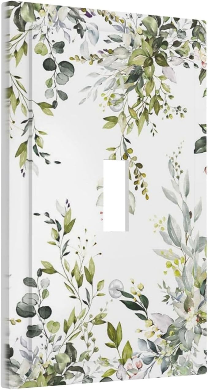 Eucalyptus Sage Green Leaf Plant Floral Decorative Light Switch Cover 1 Gang Single Toggle Device Electrical Faceplate Switchplates Decorator Outlet Wall Plate for Bedroom Living Room Decor