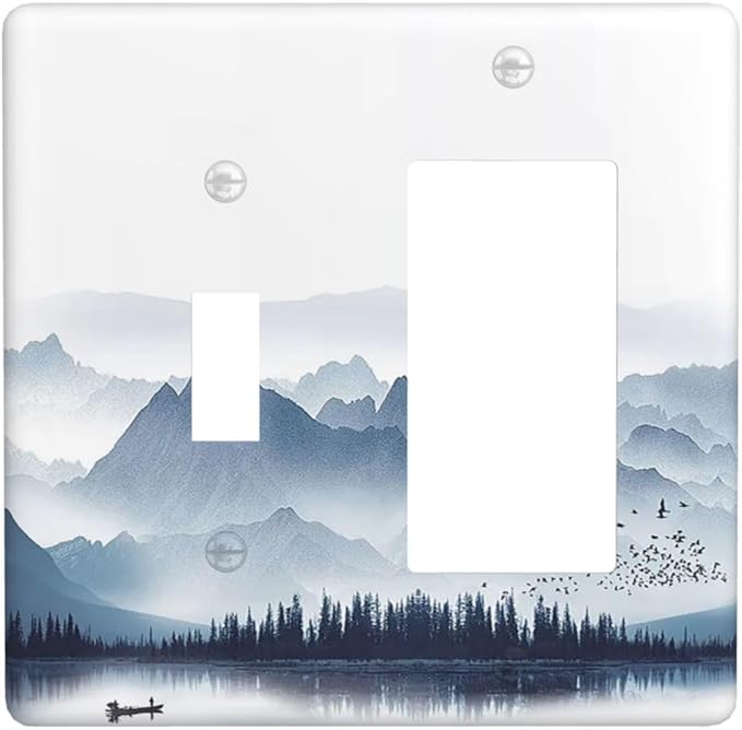 Outlet Covers Mountain Foggy Lake Boat Grey Blue Forest Birds 1 Toggle 1 Rocker Combination Decorative Wall Plate Light Switch Cover Plate Electrical Switch Plates for Bedroom living Room