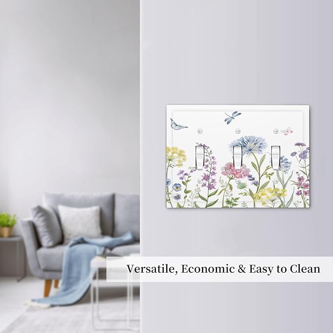 Colorful Wildflowers Dragonfly Lavender Butterfly Insect Decorative Switch Plates 3 Gang Wall Plate Triple Toggle Light Switch Cover Faceplate Electrical Wall Panels for Bedroom Living Room Decor