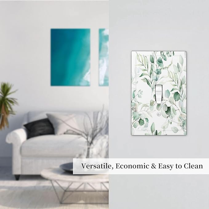 Boho Green Eucalyptus Leaf Floral Plants Flowers Decorative Light Switch Cover 1 Gang Single Toggle Device Electrical Faceplate Switchplates Decorator Outlet Wall Plate for Bed Room Living Room Decor