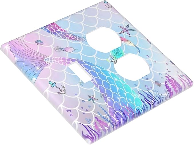 Cute Cartoon Purple Pink Mermaid Scales Tail 2-Gang Combination Wall Plate 1 Toggle 1 Duplex Receptacle Outlet Cover Kids Girls Room Ocean Theme Decorative Combo Device Light Switch Faceplate Cover