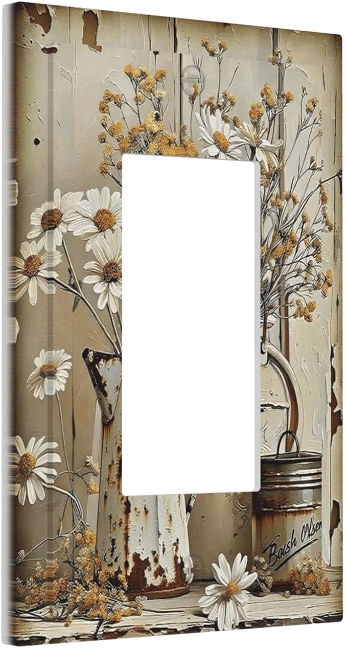 Rustic Flowers Daisy Floral White Wooden Planks Decorative Outlet Covers 1 Gang Single Rocker Light Switch Cover Plate Wall Plates GFCI Faceplate for Farmhouse Home Decor