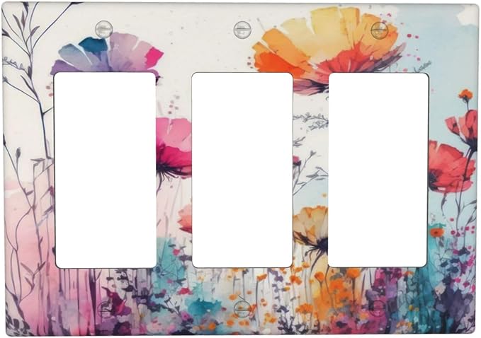Triple Rocker Switch Cover Plates, Multicolor Floral Watercolor Flowers, GFCI Outlet Covers, Decorative Receptacle Cover for Bathroom, Home Decor