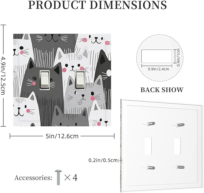 Playful Monochrome Cats with Blush Cheeks Double Toggle Switch Cover - 2-Gang Standard US Size Funny Cat Light Switch Covers for Boys & Girls Bedroom Decor
