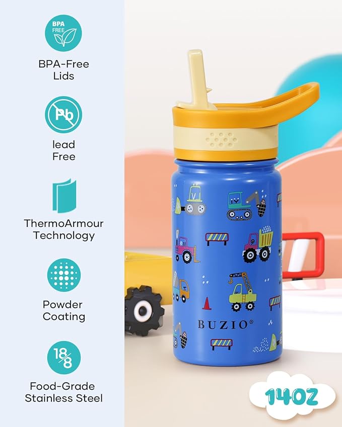 2 Pack Kids Water Bottle, BUZIO 14oz Insulated Stainless Steel Water Bottles with Tritan Straw Lid for toddler, Double Wall Leak Proof Lead-Free Drink Flask for School Boy Girl (Pink Unicorn+Blue Car)