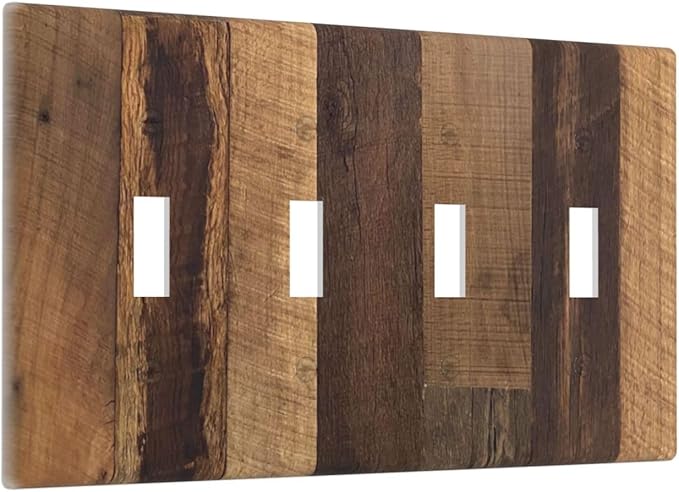Light Switch Covers Natural Wood Brown Wooden Planks Quad Toggle Electrical Faceplate 4 Gang Wall Plate Decorative Switch Plates For Farmhouse Cabin Decor