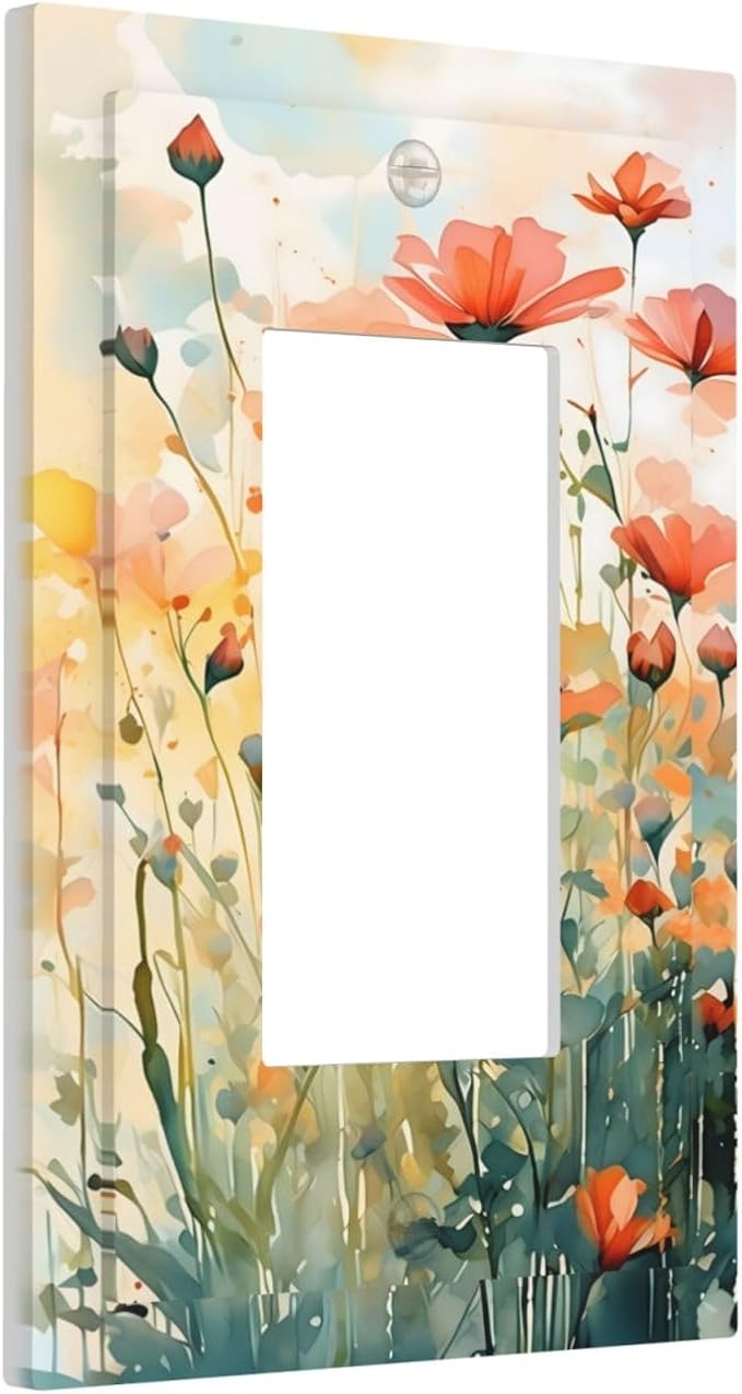 Vintage Red Orange Yellow Poppy Floral Flowers Decorative Outlet Covers 1 Gang Single Rocker Light Switch Cover Plate Wall Plates GFCI Faceplate for Bedroom Living Room Decor