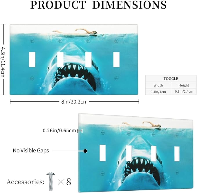 Beach Shark Oceanjaws Movie Vintage Look Light Switch Covers Quad Toggle Electrical Faceplate 4 Gang Wall Plate Decorative Switch Plates Cover for Bathroom Kids Room Decor