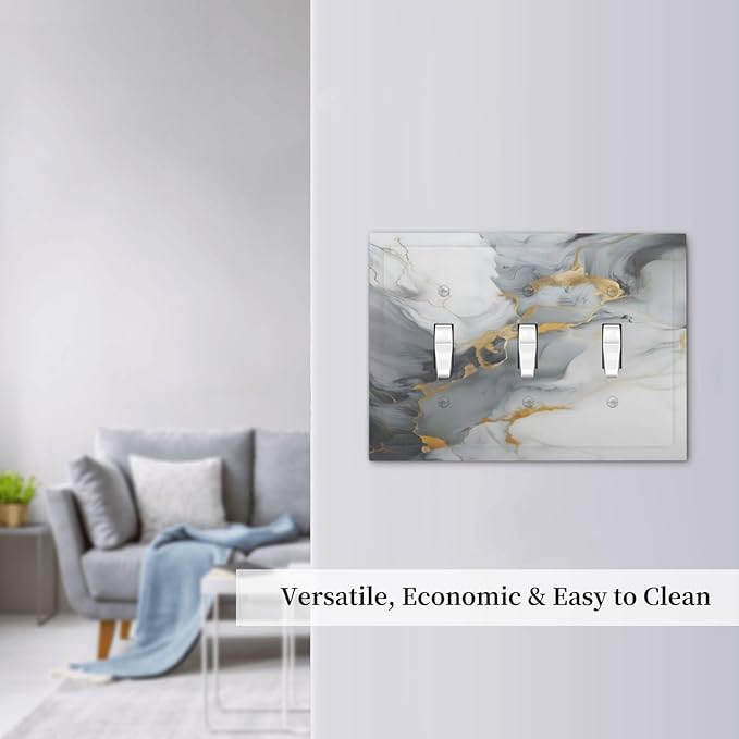 Gold Marble Grey Art Abstract Luxury Print Decorative Switch Plates 3 Gang Wall Plate Triple Toggle Light Switch Cover Faceplate Electrical Wall Panels for Kitchen Bathroom Decor