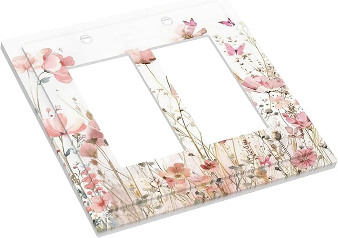 Boho Floral Watercolor Pink Wildflower Butterfly Decorative Outlet Covers 2 Gang Double GFCI Rocker Electrical Wall Panels Light Switch Cover Plate for Bedroom Living Room Decor