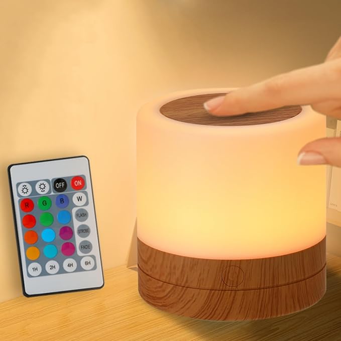 Nursery Night Light for Kids, USB Rechargeable Small Desk Lamp,13 RGB Colors & 4 Brightness & 1 Remote, Touch Bedside Cordless Table Lamp, Portable Night Lamp for Bedroom Living Room Home (Brown)