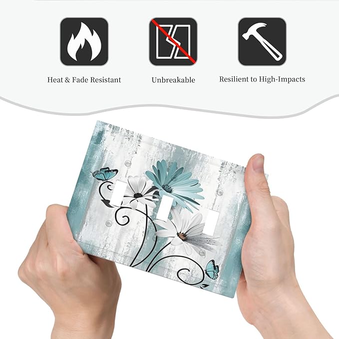 Light Switch Cover Plate Teal Daisy Floral Butterfly Vintage Wood 3 Gang Triple Toggle Decorative Switch Plates Wall Plates Electrical Switchplate Faceplate for Bathroom Bedroom Decor