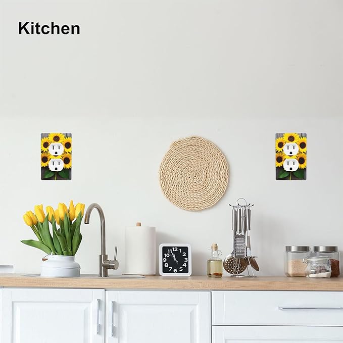 1-Gang Duplex Wall Plate, Yellow Floral Sunflower Printed Pattern Outlet Cover, Faux Rustic Wood Look Decor for Farmhouse Kitchen