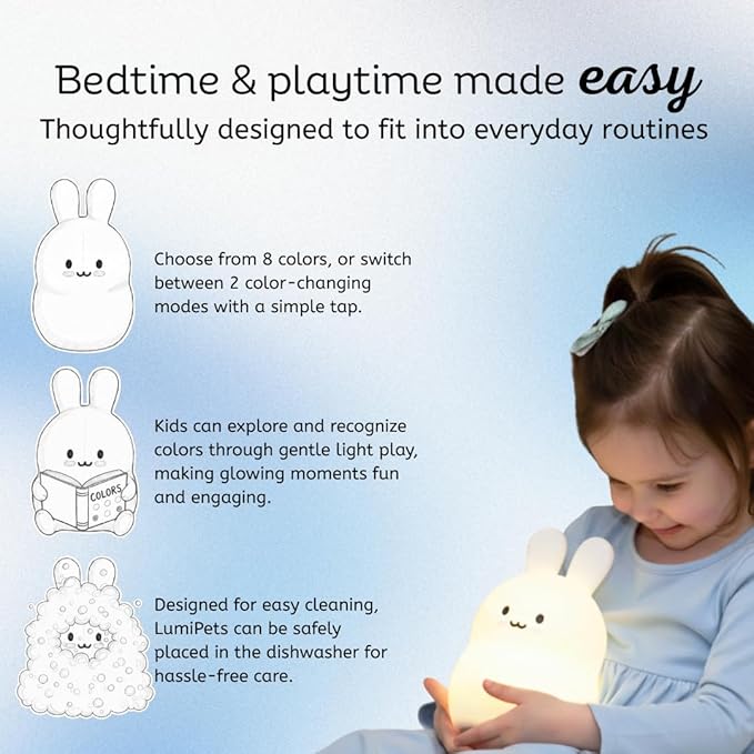 Lumipets Junior Bunny Night Light, Soft Silicone Material, 8 Soothing Colors, Cordless, Easy Control, Portable