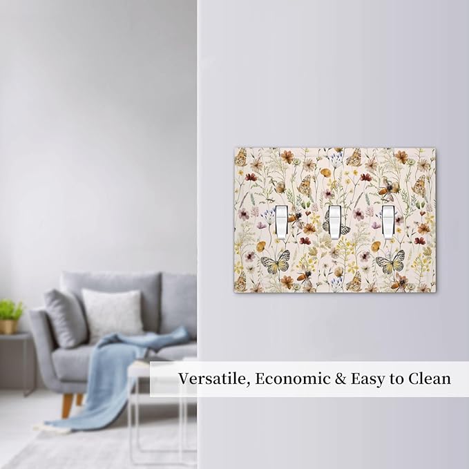 Vintage Butterflies Triple Toggle Wall Plates Colorful Wildflower 3 Gang Light Switch Cover Decorative Cute Bees Electrical Switchplate Faceplate Beige Flower Leaves Dimmer Decor for Bedroom Kidroom
