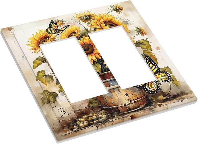 Decorative Outlet Covers Rustic Vintage Sunflower Bouquet Butterfly 2 Gang Double GFCI Rocker Electrical Wall Panels Light Switch Cover Plate for Farmhouse Cabin Decor