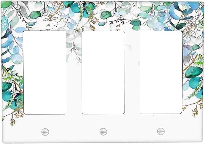 Decorative Outlet Covers Bohemian Green Eucalyptus Leaf Pine Leaves 3 Gang Wall Plate Triple Rocker Switch Light Switch Plate Covers Jumbo Electrical GFCI Switch Cover Plate