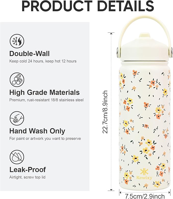 KEWIXY 18 oz Water Bottle with Straw, Leak Proof, Insulated Stainless Steel with Handle, Reusable, Metal, Backpack-side Fit (Floral Ivory)