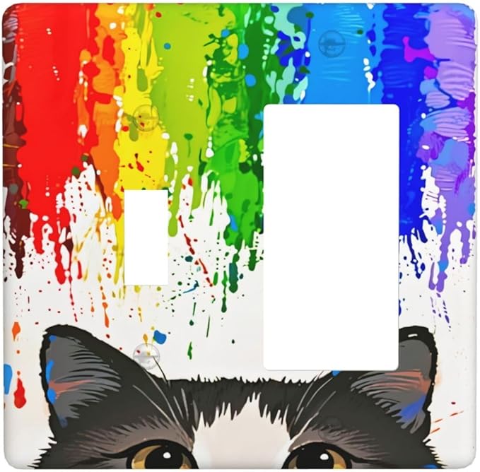 Cat Rainbow Single Toggle Rocker Combination Wall Plate Decorative 2 Gang Light Switch Covers Electrical Switchplate Home Decorate Faceplat for Bathroom Bedroom Kitchen Room 4.5 x 4.5 Inch