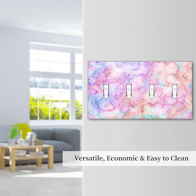 Decorative Switch Plate Covers Cute Marble Texture 4 Gang Device Light Switch Cover Pink Purple Gold Abstract Quad Toggle Wall Plate Electrical Faceplate for Kids Girls Nursery Bedroom Home Decor