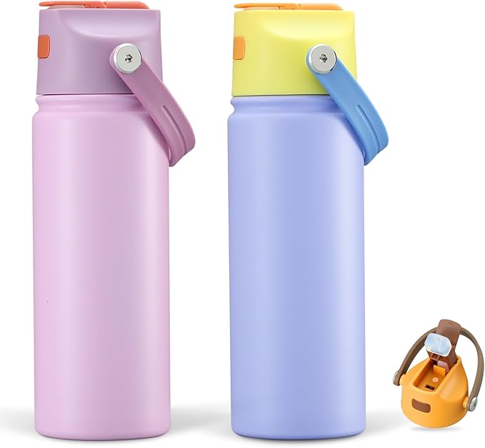 2 PACK 18 OZ Water Bottle for Kids, Stainless Steel Double Insulated Sports Water Bottle, Leak Proof Straw Cup for School, Gifts and Travel, BPA Free (Light Pink, Purple)