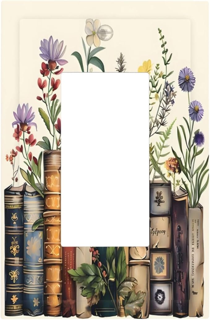 Plant Floral Books Colorful Flower Decorative Outlet Covers 1 Gang Single Rocker Light Switch Cover Plate Wall Plates GFCI Faceplate for Kids Room Bedroom Decor