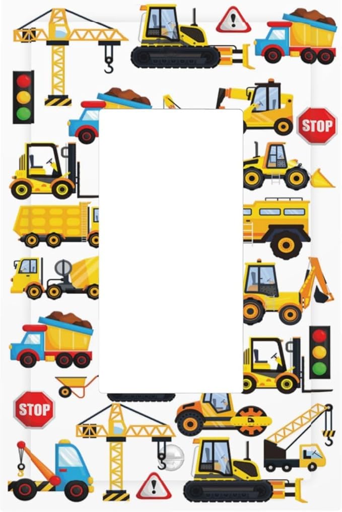 Kid Boy Construction Trucks Cartoon Car Excavator Tractor Vehicles Transport 1 Gang Single Decorator/GFCI Device Outlet Wall Plate Electrical One Rocker Decorative Light Switch Cover Faceplate Dimmer