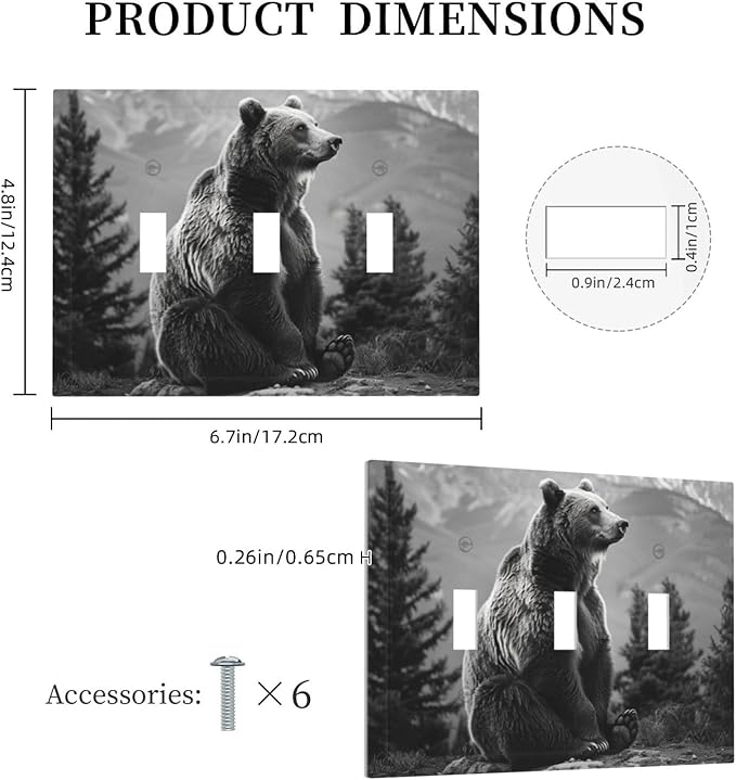 Light Switch Cover Plate Black White Bear Mountain Pine Trees Wilderness 3 Gang Triple Toggle Decorative Switch Plates Wall Plates Electrical Switchplate Faceplate for Bathroom Bedroom Decor