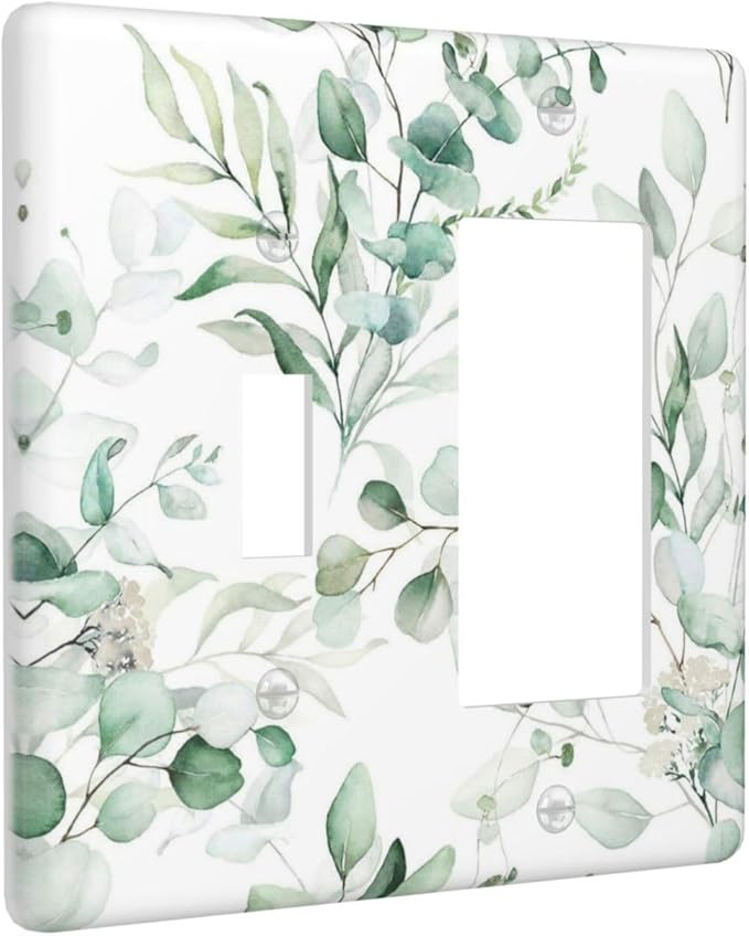 Boho Green Eucalyptus Leaf Floral Plants Flowers Outlet Covers 1 Toggle 1 Rocker Combination Decorative Wall Plate Electrical Switch Plates Light Switch Cover Plate for Bed Room Living Room Decor