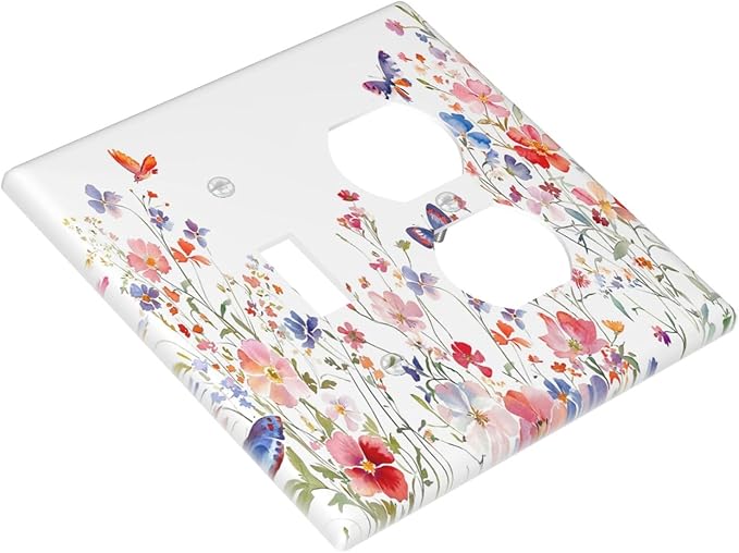 Colorful Flower Watercolor Floral Butterfly Bird Wallplates 1 Toggle 1 Duplex Switch Plate Electrical GFCI Faceplate Decorative Light Switch Covers for Bedroom Living Room Decor