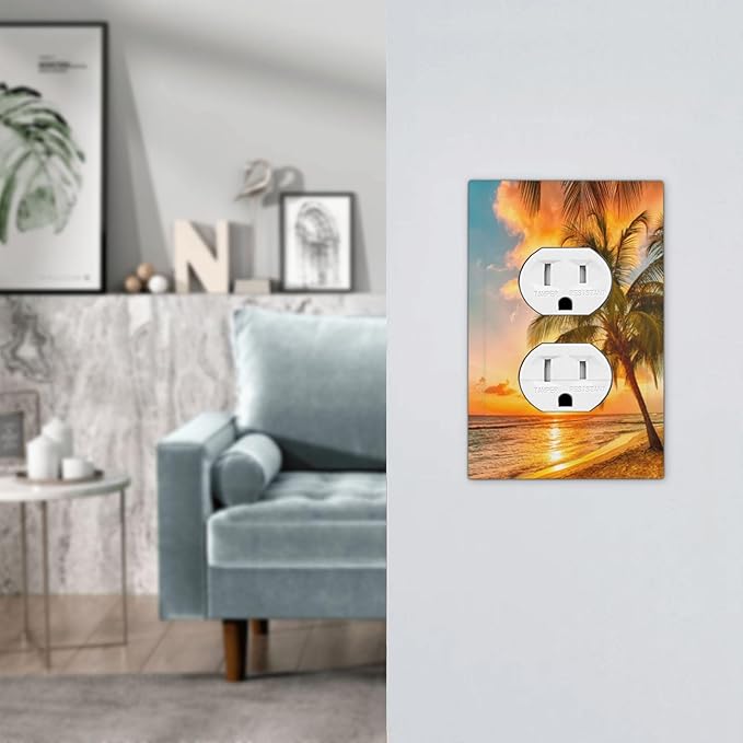 Outlet Covers Sunset Beach Palm Tree Seascape 1 Gang Duplex Light Switch Cover Plate Tropical scenery Decorative Wall Plates Electrical Switchplate Receptacle Cover for Bathroom Home Decor