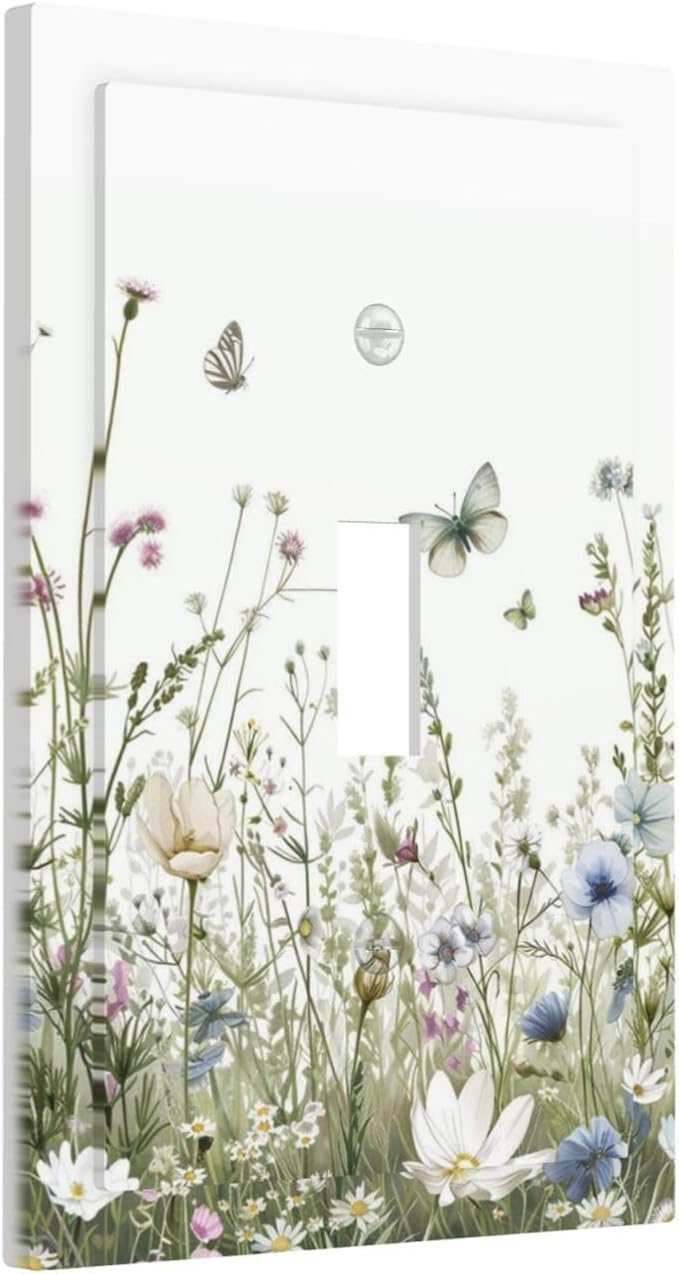Colorful Wildflowers Daisy Plant Butterfly Floral Decorative Light Switch Cover 1 Gang Single Toggle Device Electrical Faceplate Switchplates Decorator Outlet Wall Plate for Bed Room Living Room Decor