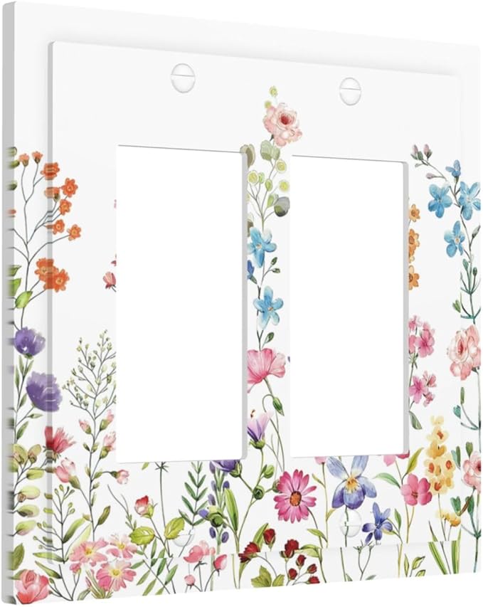 Boho Watercolor Wildflowers Floral Plants Flower Decorative Outlet Covers 2 Gang Double GFCI Rocker Electrical Wall Panels Light Switch Cover Plate for Bedroom Living Room Decor